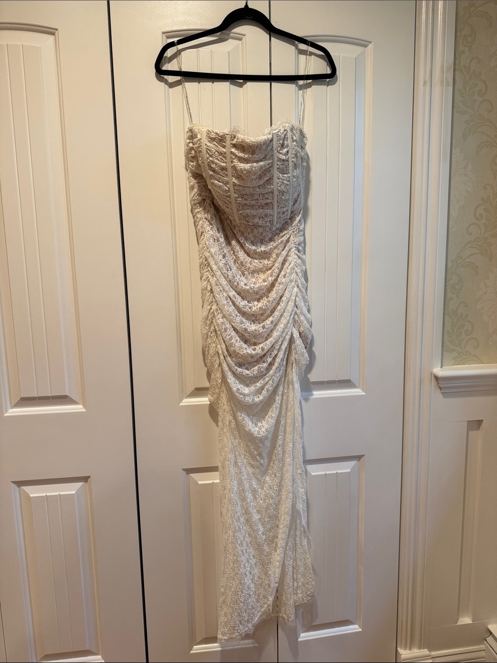 Rare London Strapless Draped Lace Dress in Cream